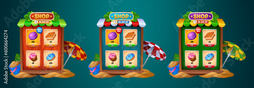 Summer ui game shop frame button with sweets icon. Mobile wood store box on sand beach gui interface set with umbrella. Tropical app menu board set with cupcake, donut and macaroon props on sale