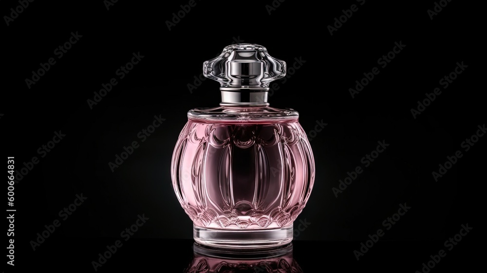 a bottle of pink perfume on a black background with a reflection. generative ai a bottle of pink perfume on a black background with a reflection. generative ai
