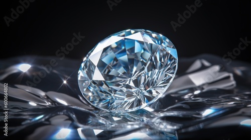  a diamond is shown on a shiny surface with a black background.  generative ai