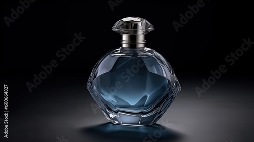  a bottle of perfume sitting on a table with a black background.  generative ai