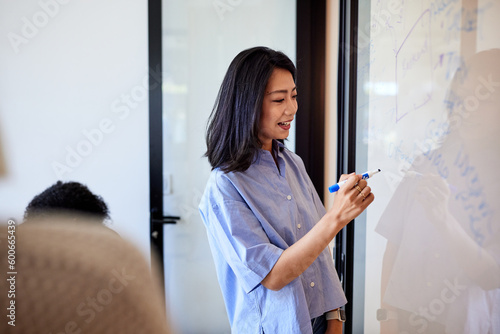 Smiling female entrepreneur writing on glass wall using felt tip pen