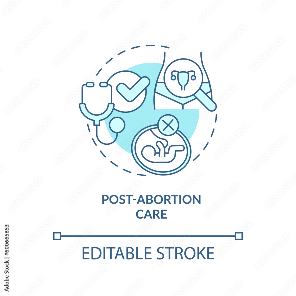 Post abortion care turquoise concept icon. Emergency medical service. Life saving. Abortion clinic. Reproductive health abstract idea thin line illustration. Isolated outline drawing. Editable stroke Post abortion care turquoise concept icon. Emergency medical service. Life saving. Abortion clinic. Reproductive health abstract idea thin line illustration. Isolated outline drawing. Editable stroke