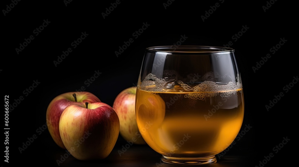 a glass of apple cider next to two apples on a black background. generative ai a glass of apple cider next to two apples on a black background. generative ai