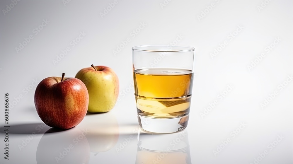 a glass of apple juice next to an apple on a table. generative ai a glass of apple juice next to an apple on a table. generative ai