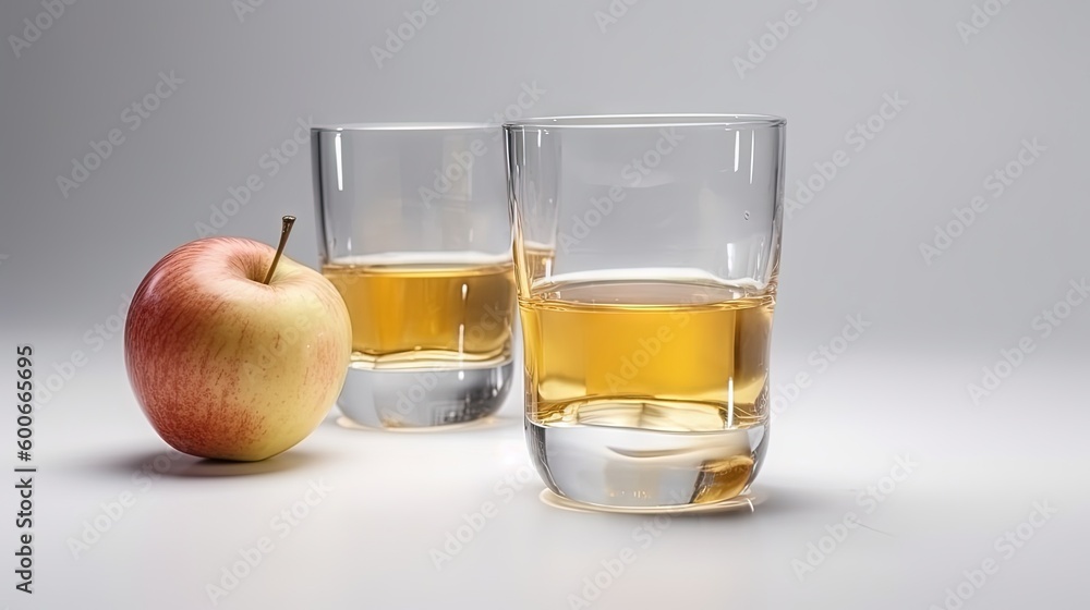 two glasses of water and an apple on a white surface. generative ai two glasses of water and an apple on a white surface. generative ai