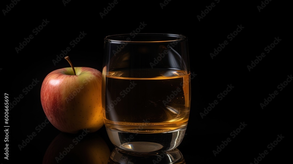 an apple and a glass of water on a black surface. generative ai an apple and a glass of water on a black surface. generative ai