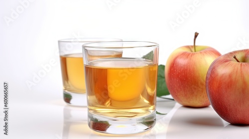  two glasses of apple cider next to an apple on a table. generative ai