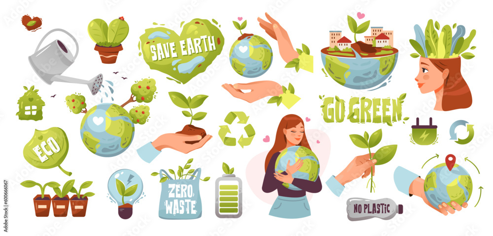 World Environment Day. Eco set. Save the earth, zero waste, no plastic, go green, alternative energy, eco concept. Cartoon vector illustration. World Environment Day. Eco set. Save the earth, zero waste, no plastic, go green, alternative energy, eco concept. Cartoon vector illustration.