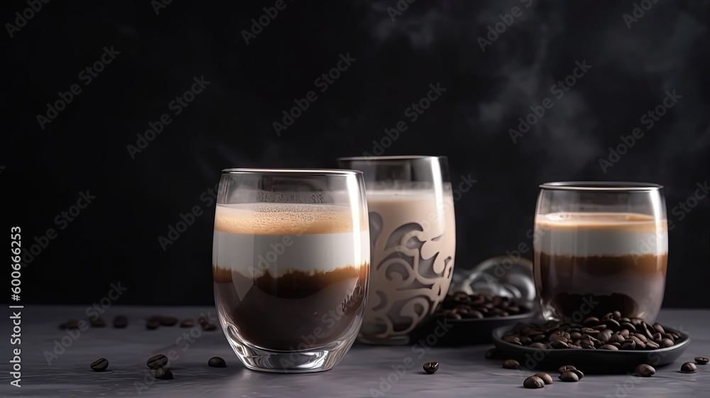 a couple of glasses filled with liquid next to coffee beans. generative ai a couple of glasses filled with liquid next to coffee beans. generative ai