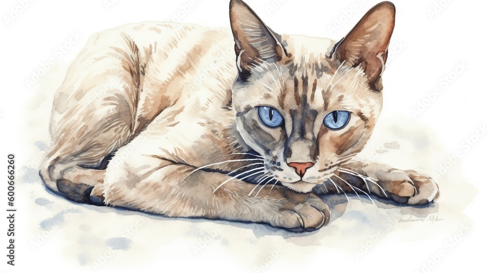  a drawing of a cat with blue eyes laying down on the ground.  generative ai