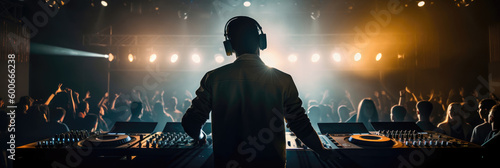 Dj mixing in a nightclub, crowd of people dancing. Generative AI., Generative AI