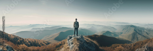 Male hiker on top of the mountain. Generative AI., Generative AI