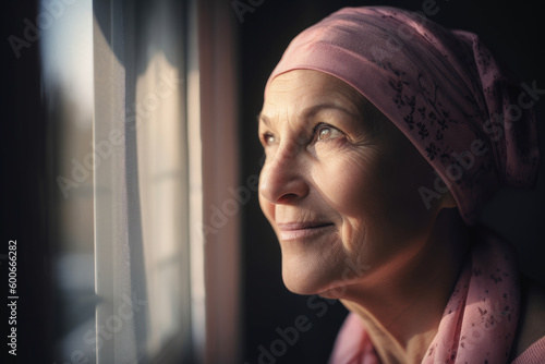 Mature woman with pink headscarf look out the window. Generative AI., Generative AI photo