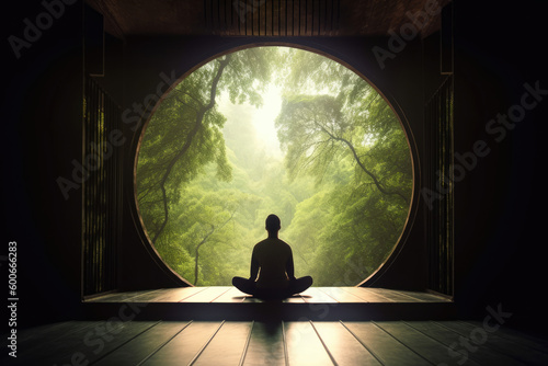Person meditating looking out circular window. Generative AI., Generative AI