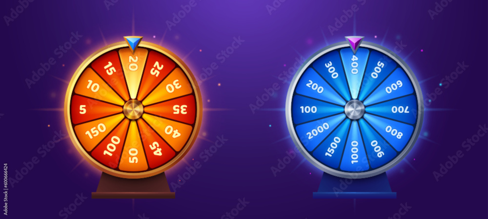 Ui lucky game spin with prize. Casino fortune wheel vector icon design. Win free gift in orange or blue roulette with luck. Turn lottery interface popup clipart collection for online app with bonus - obrazy, fototapety, plakaty 