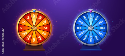 Ui lucky game spin with prize. Casino fortune wheel vector icon design. Win free gift in orange or blue roulette with luck. Turn lottery interface popup clipart collection for online app with bonus photo