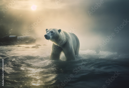 polar bears are walking on the melting Arctic sea ice and river. Warming temperatures gradually melt glaciers with Global climate warming. Protect the environment. Generative AI