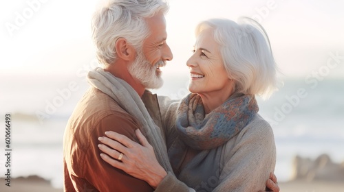 Romantic senior couple by the ocean. Affectionate elderly couple enjoying spending some quality time together after retirement, Generative AI