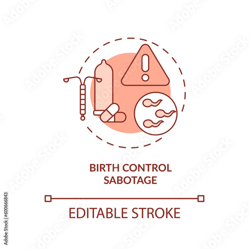 Birth control sabotage red concept icon. Family abuse. Unwanted pregnancy. Reproductive choice. Human right abstract idea thin line illustration. Isolated outline drawing. Editable stroke