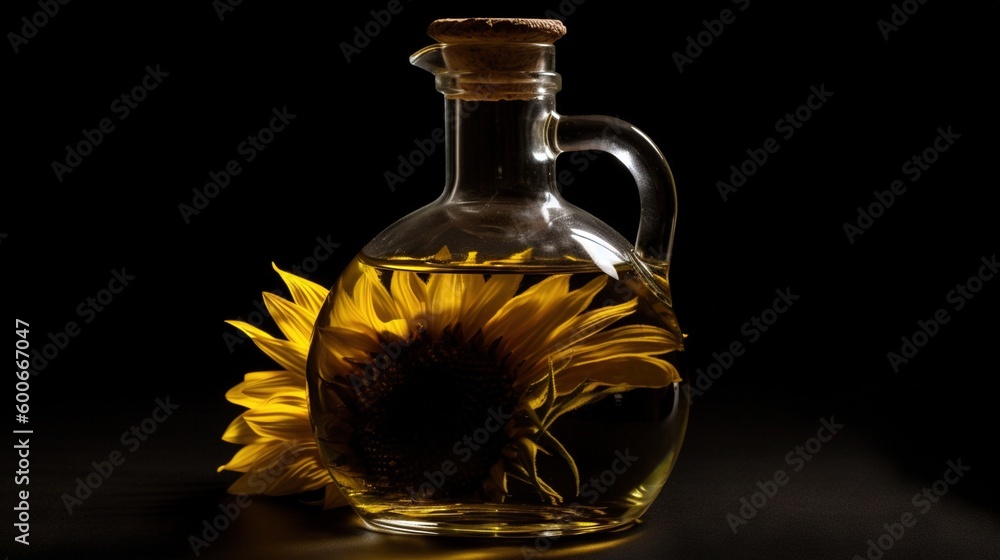 a sunflower is in a glass vase with a bottle of oil. generative ai a sunflower is in a glass vase with a bottle of oil. generative ai