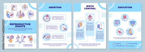 Reproductive rights blue brochure template. Women empowerment. Leaflet design with linear icons. Editable 4 vector layouts for presentation, annual reports. Arial-Black, Myriad Pro-Regular fonts used