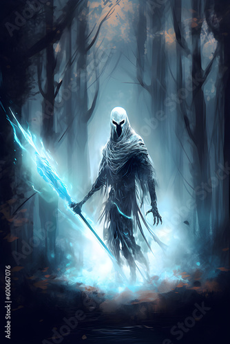 ghost assassin soldier hold crystal sword spirit warrior in ghost forest full body digital brush painting portrait created with Generative AI technology