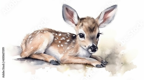  a watercolor painting of a deer laying down on the ground.  generative ai