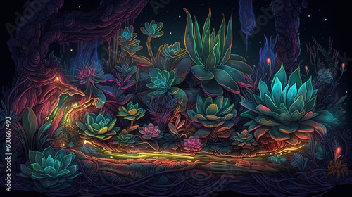  a digital painting of a night scene with plants and rocks. generative ai