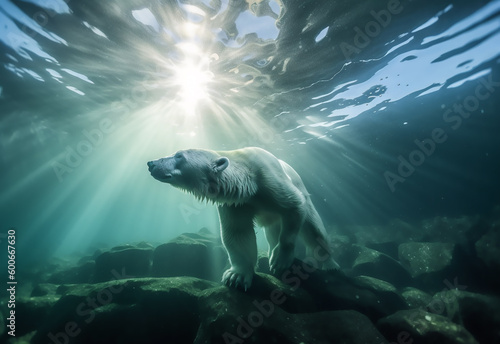 Polar bear underwater close-up. Warming temperatures gradually melt glaciers with Global climate warming. Protect the environment. Generative AI © Mickael