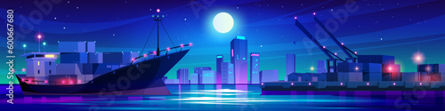 Night port with cargo container and ship vector illustration. Seaport logistic and marine transport and crane light under stars in sky. Freight shipment ocean terminal and warehouse cartoon background