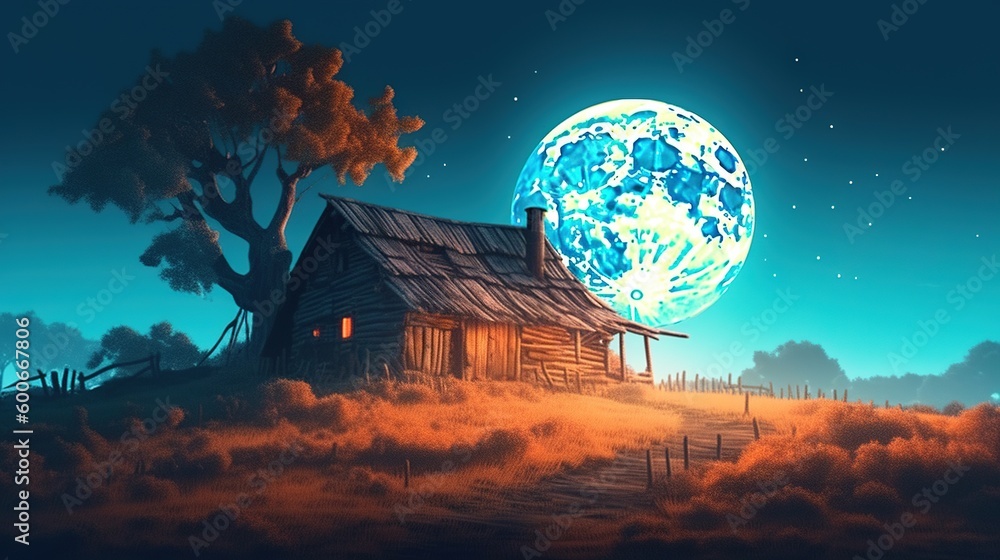  a painting of a house with a full moon in the background.  generative ai