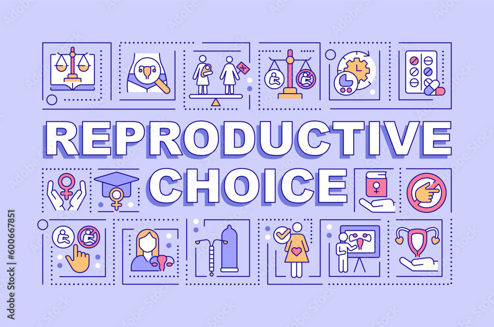 Reproductive choice word concepts purple banner. Family planning. Infographics with editable icons on color background. Isolated typography. Vector illustration with text. Arial-Black font used