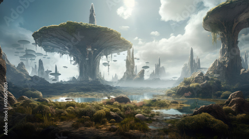 Alien World Landscape, Fantasy Background, Digital Illustration, Concept Art, Generative AI © Badger
