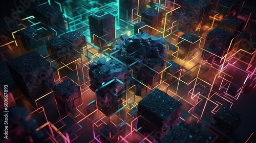  a group of cubes with neon lights in the background. generative ai