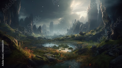 Alien World Landscape, Fantasy Background, Digital Illustration, Concept Art, Generative AI