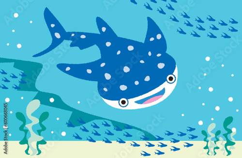 海で泳ぐジンベイザメとお魚