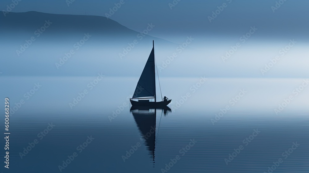  a lone sailboat in the middle of the ocean on a foggy day.  generative ai