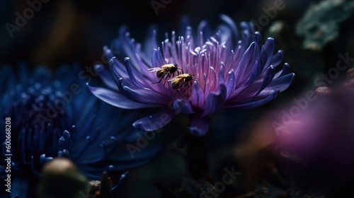  a purple flower with a bee sitting on top of it. generative ai