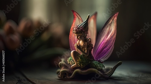  a fairy figurine sitting on top of a wooden table.  generative ai