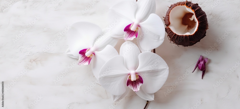 close up flat lay orchid flowers banner background, Generative Ai close up flat lay orchid flowers banner background, Generative Ai