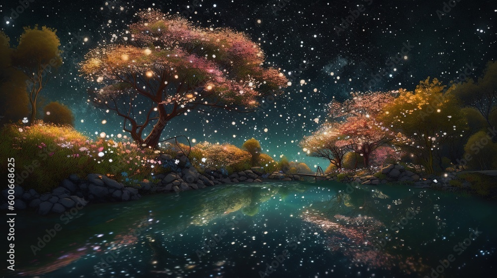  a painting of a night scene with a river and trees.  generative ai