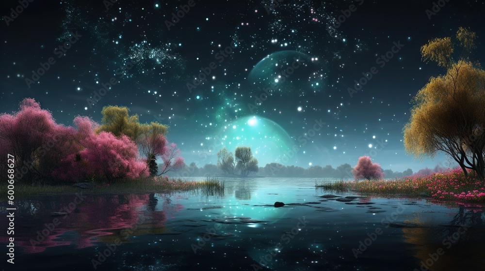  a painting of a lake with trees and a moon in the sky.  generative ai