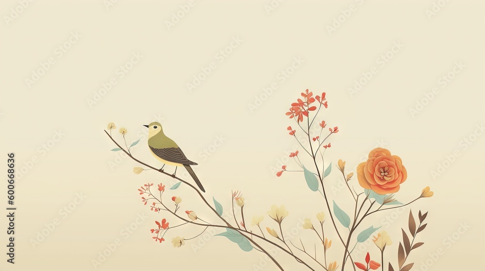  two birds sitting on a branch with flowers and leaves in the background.  generative ai
