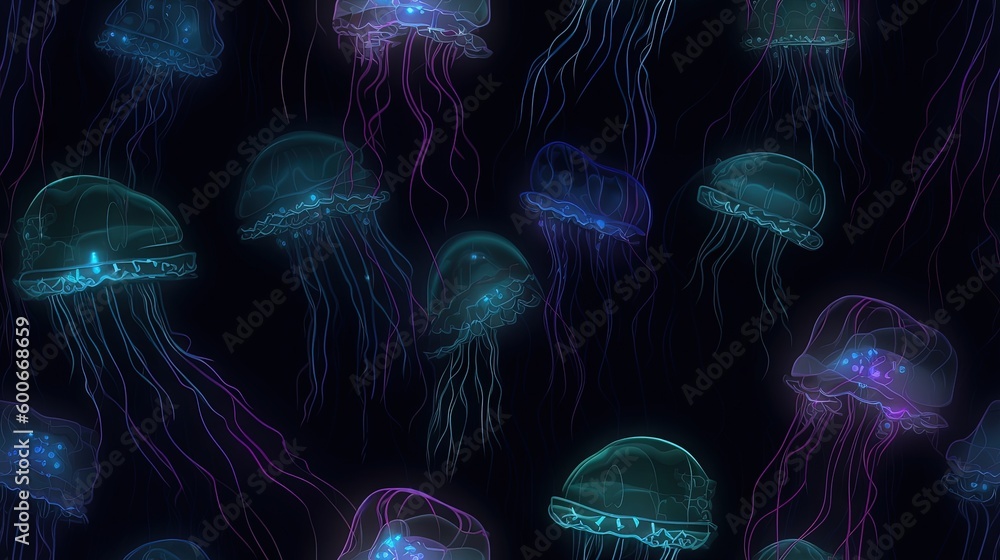 a group of jellyfish floating in the ocean at night. generative ai a group of jellyfish floating in the ocean at night. generative ai