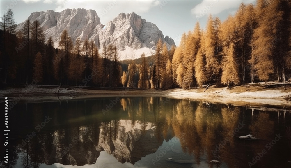 Mountains and trees reflected in a lake. Generative AI.
