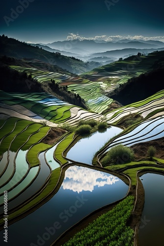  a landscape of rice terraces and a river in the foreground.  generative ai © Shanti