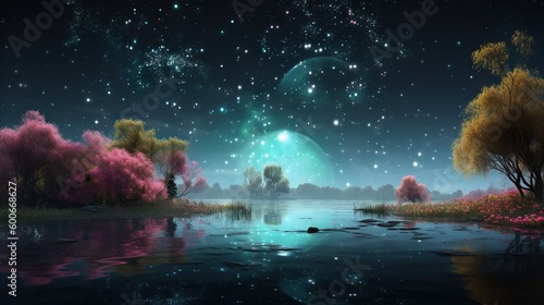  a painting of a lake with trees and a moon in the sky. generative ai