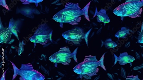  a group of blue and green fish swimming in a tank. generative ai