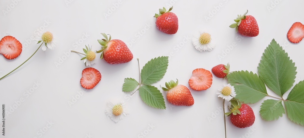 red ripe strawberry fruits branch banner background, Generative Ai