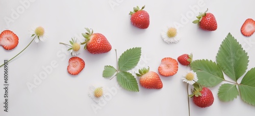 red ripe strawberry fruits branch banner background, Generative Ai © QuietWord